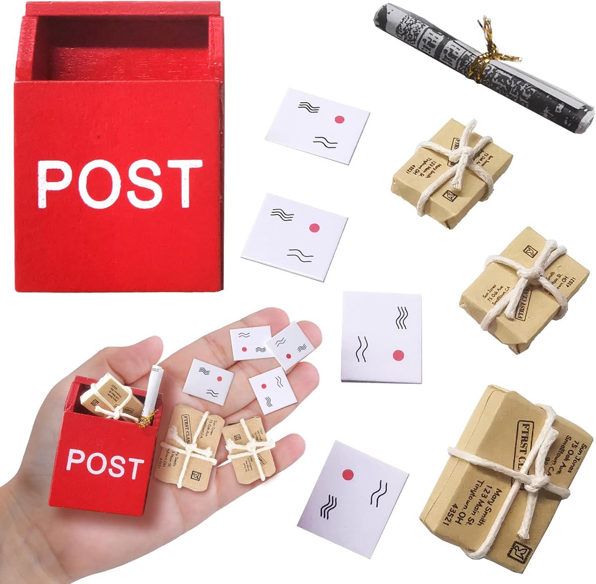 9-delige Miniaturen Postpakket Set voor Poppenhuis, Kerstdecoratie en Miniatuur Tuin