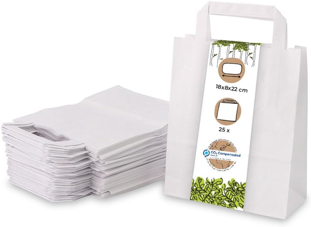 25 Witte Papieren Draagtassen met Handvatten - Stevig Bruin Kraft Alternatief