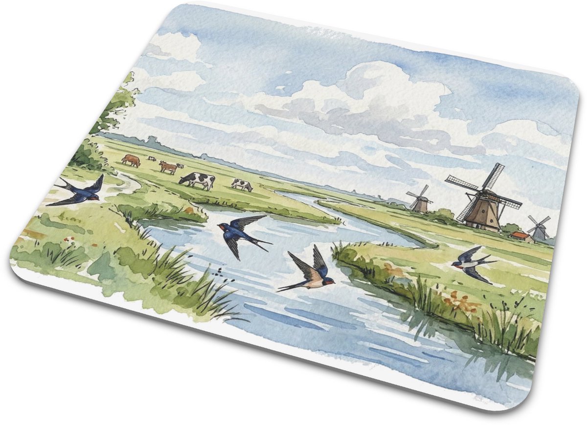 Muismat Vogel Boerenzwaluw - "Aquarel Series" Illustratie Hollands Landschap met Windmolen & Koeien - Natuur Cadeau voor haar: Vrouw, Vriendin & Collega - Decoratie Bureau Accessoires Vogels - Kunstzinnige Gaming Mousepad - Blauwe Zwaluwen & Water