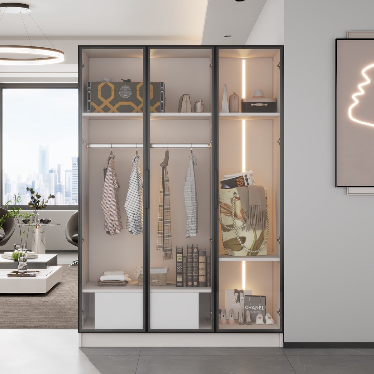 MODFU - Kledingkast - 3 Glazen Deuren En 1 Lade - Led-Verlichting - Voor Slaapkamer - Spaanplaat - Wit - 110 X 50 X 160 Cm