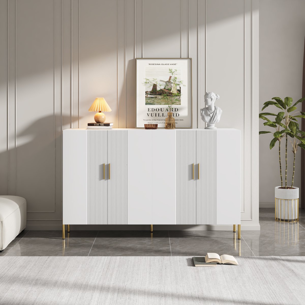 MODFU - Opbergkast - 4 Deuren En Verstelbare Planken - Modern - Voor Woonkamer Of Eetkamer - Spaanplaat En Metaal - Wit - 160 x 35 x 100 cm