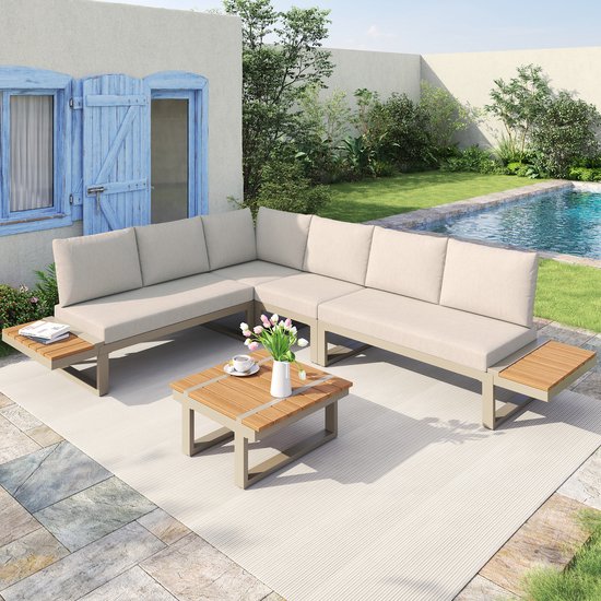 Ensemble de mobilier de jardin - 2 chaises longues - avec fonction d'inclinaison réglable - plateau de table en bois plastique - avec table basse - avec rangement - beige