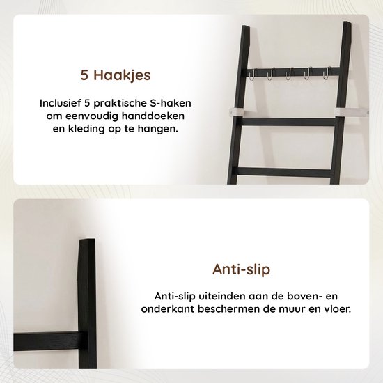 Zwarte ladder met 5 haken boven en anti-slip uiteinden aan de onderkant.