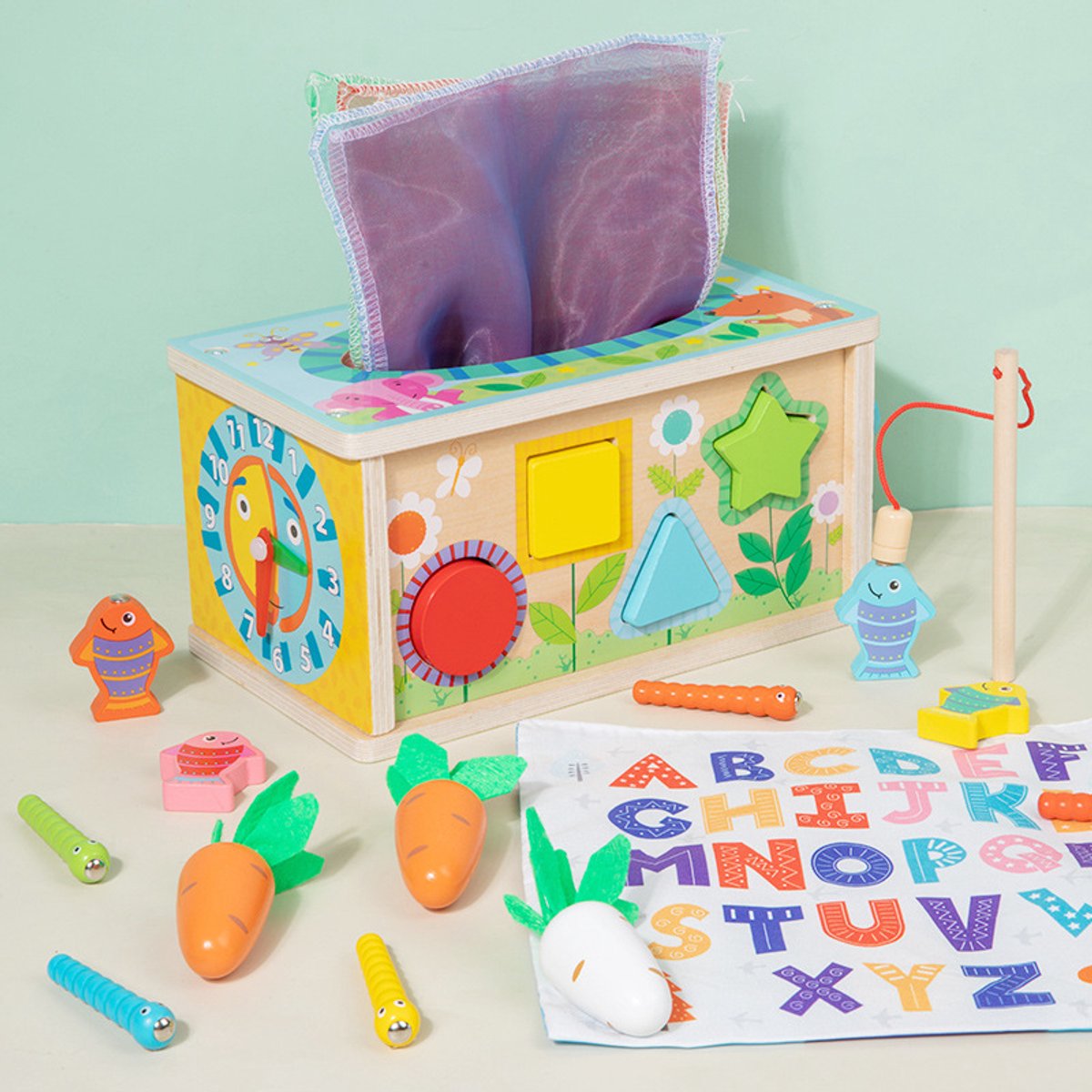 6-in-1 Montessori tissuebox speelgoed - voor baby's vanaf 6 maanden, houten activiteitenkubus, puzzels 12-18 maanden, perfect cadeau voor een 1-jarig meisje of jongen, sensorisch speelgoed voor peuters van 1-3 jaar