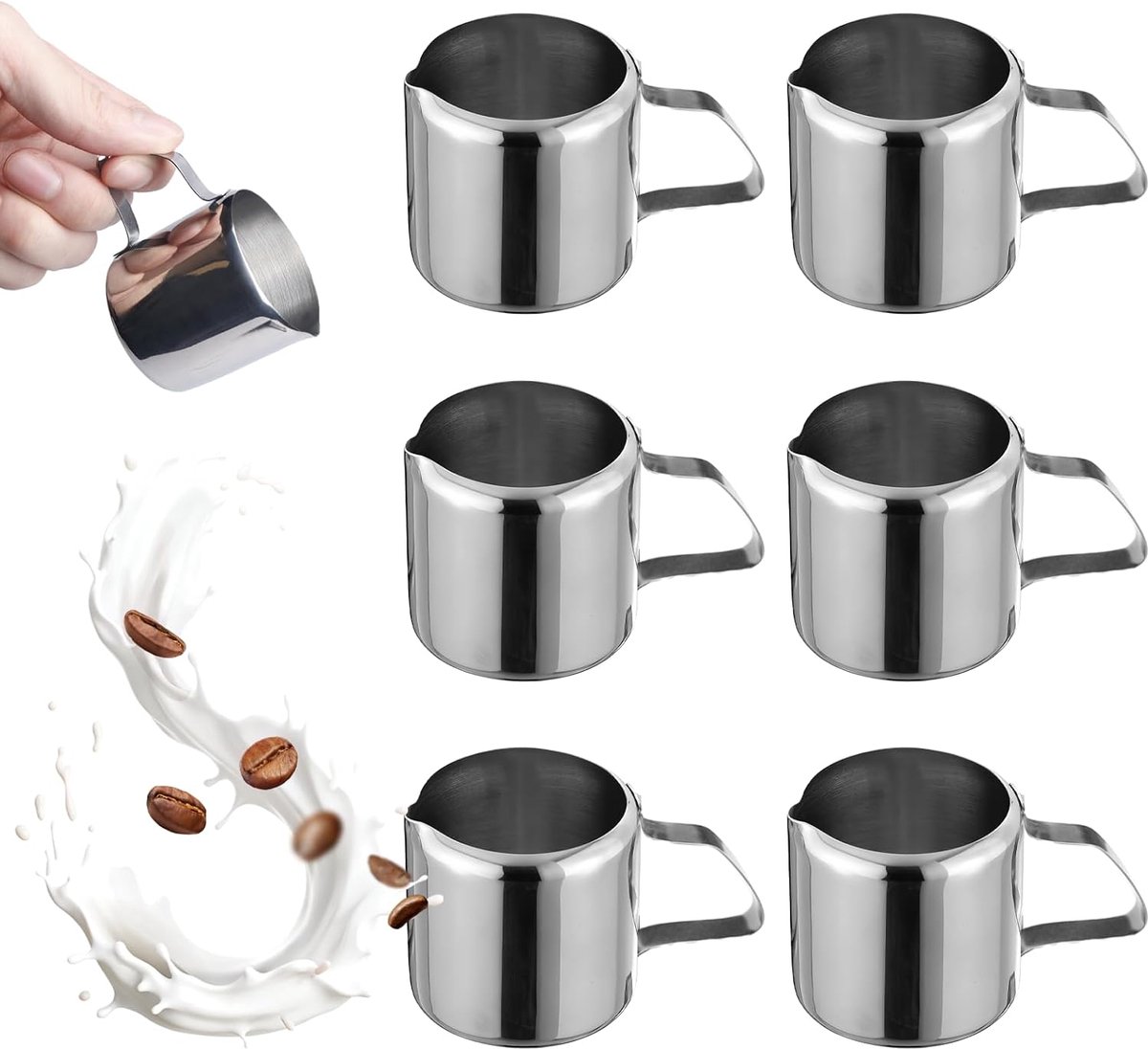 Set van 6 Kleine RVS Melkkannetjes 30ml - Ideaal voor Espresso, Cappuccino & Latte Art
