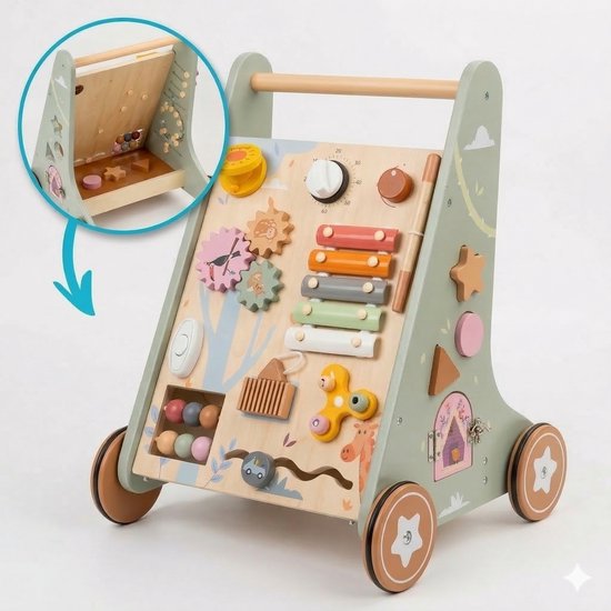 Laavir Houten Loopwagen met Activiteitenpaneel - Baby Walker met Xylofoon, Spiegeltje, Klok en Vormen - Speelgoed vanaf 1 Jaar - Lichtgroen
