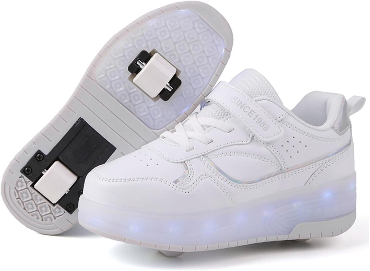 Schoenen met Wieltjes voor Kinderen en Meisjes Inklapbare Rolschaatsen met USB Oplaadbare LED Verlichting Wit