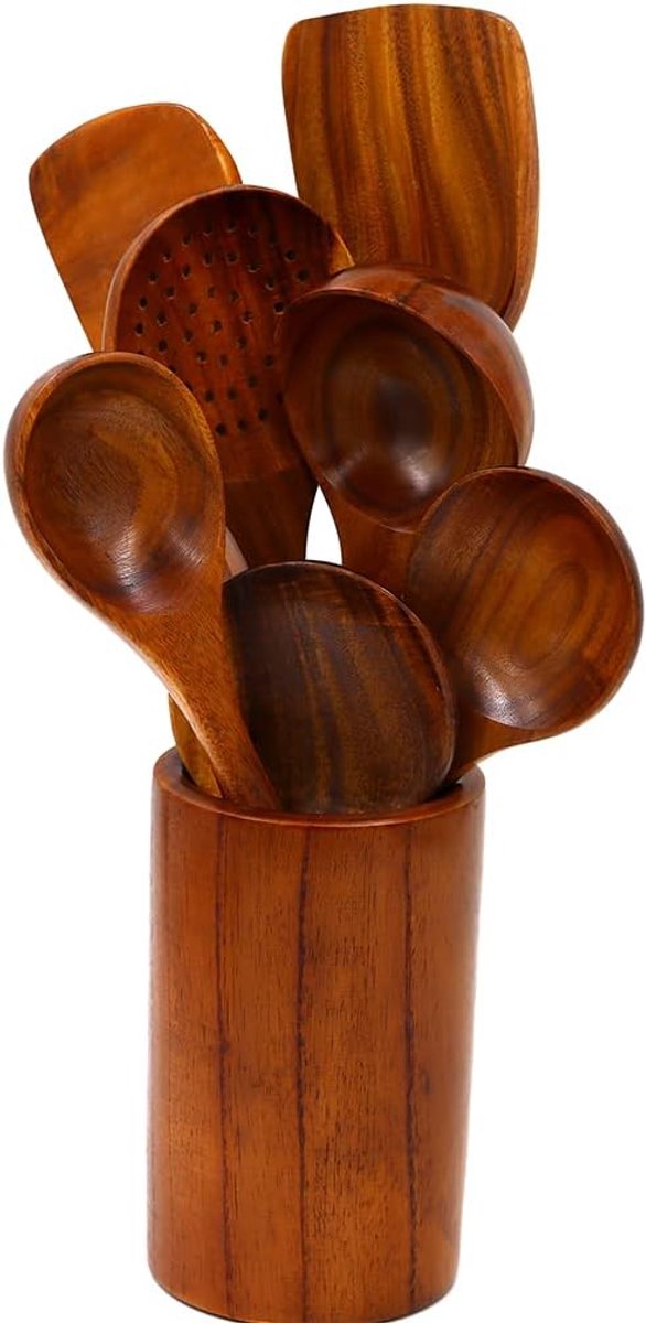 8-delige Houten Keukengerei Set - Complete Set met Spatels en Lepels