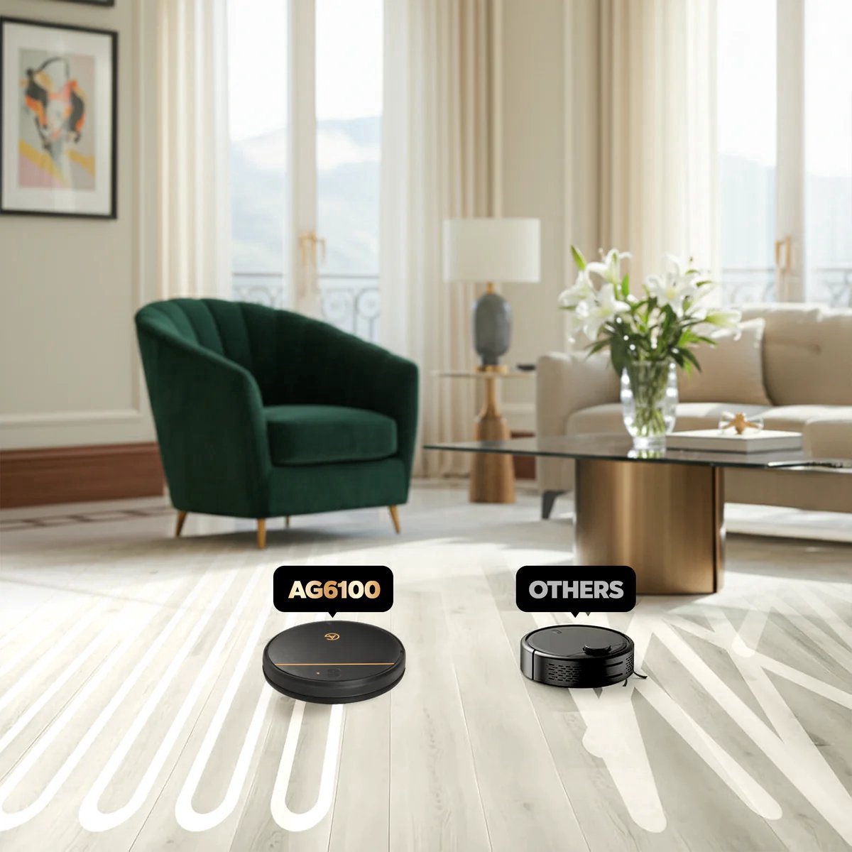 AG Robotstofzuiger met Dweilfunctie – 4500 Pa Zuigkracht – 120 minuten – Oplaadstation – App & Afstandsbediening – Ideaal voor Huisdierhaar, Harde Vloeren en Tapijt – Luxe 2-in-1 Dweilrobot – Gold Stripe Design – 2500 mAh - Black Gold Edition — afbeelding 4