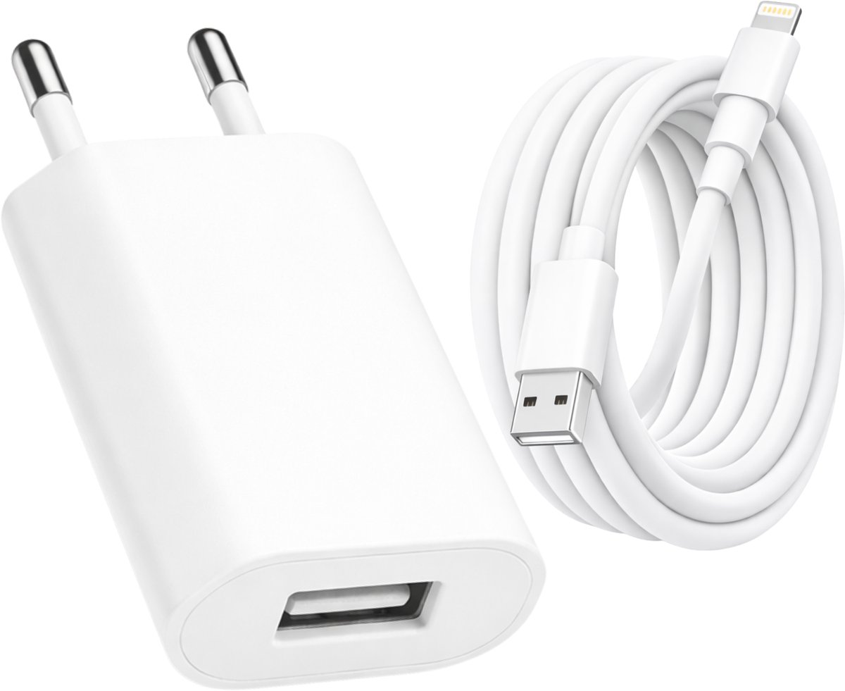 Gmedia USB-A Oplader met Lightning Kabel 1m – USB Adapter / USB Lader – Geschikt voor iPhone 5 t/m 14 & iPad (Lightning) – Wit
