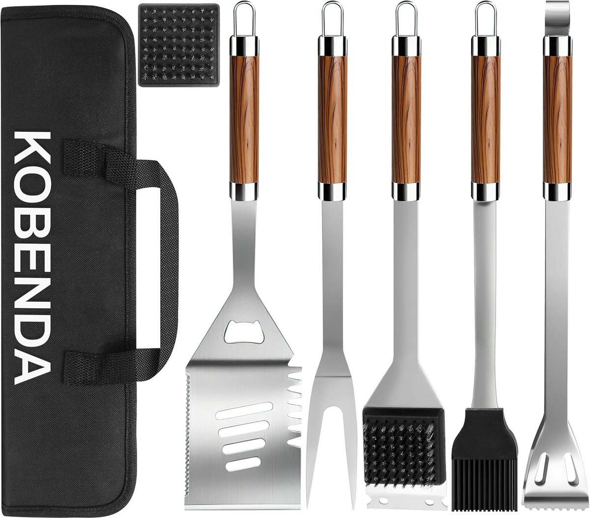 7-Delige BBQ Gereedschapset RVS met Hittebestendige Houten Handvatten en Opbergtas