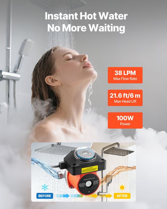 Warmwaterrecirculatiepomp met timer, debiet 38 l/min, circulatiesysteem 100 W, wisselstroom 220-240 V, aansluiting G3/4 naar G1/2, geschikt voor boilers en zonneboilers — afbeelding 5