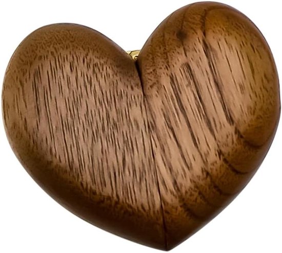 Houten Ringkussen Hartvormige Ringopslag voor Bruiloft Verloving Feest - Walnootbruin Magnetisch Doosje met Fluweel - Sieradenbewaardoos