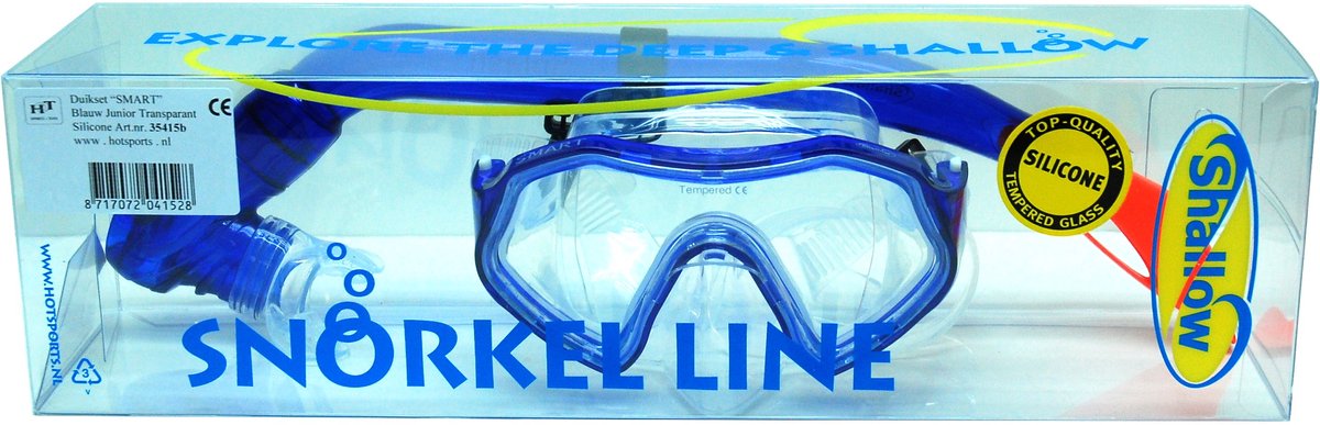 Shallow duikset voor kinderen - silicone snorkelset blauw transparant.