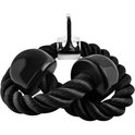 Zwarte tricep rope opgerold met chromen oog en zwarte rubberen uiteinden.