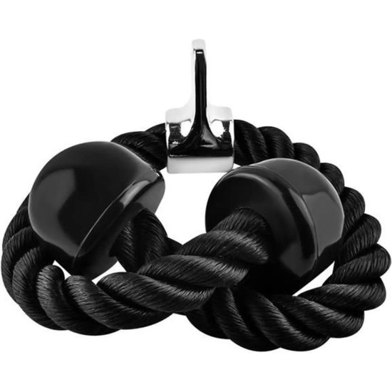 Zwarte tricep rope opgerold met chromen oog en zwarte rubberen uiteinden.