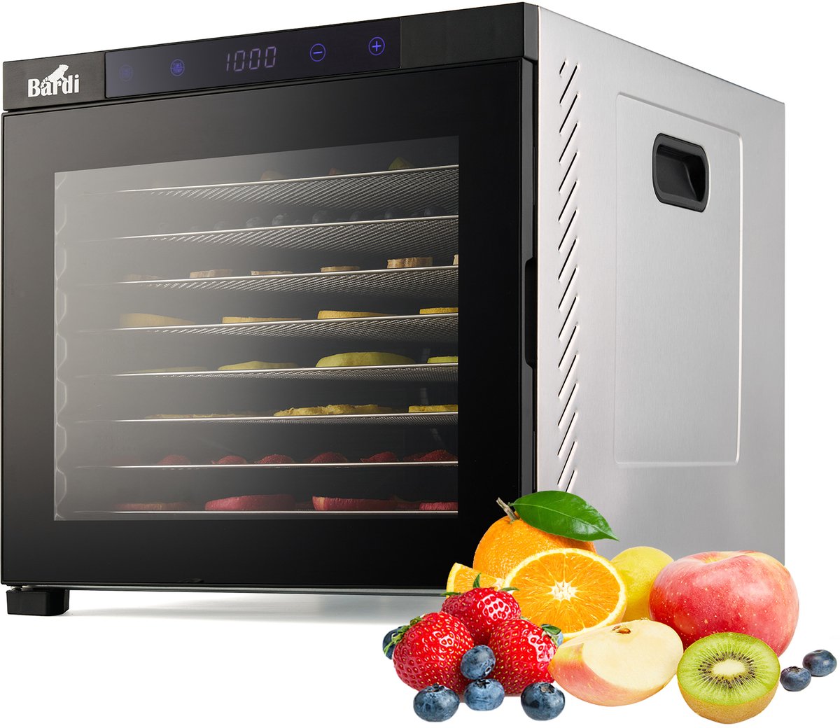 BARDI Professionele 10 Laags Voedseldroger - Dehydrator - Droogoven RVS - 24-Uurs Timer - Led-bedieningspaneel - Inclusief 10 Inlegvellen en Voedseltang - 1000 Watt