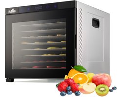 BARDI Professionele 10 Laags Voedseldroger - Dehydrator - Droogoven RVS - 24-Uurs Timer - Led-bedieningspaneel - Inclusief 10 Inlegvellen en Voedseltang - 1000 Watt