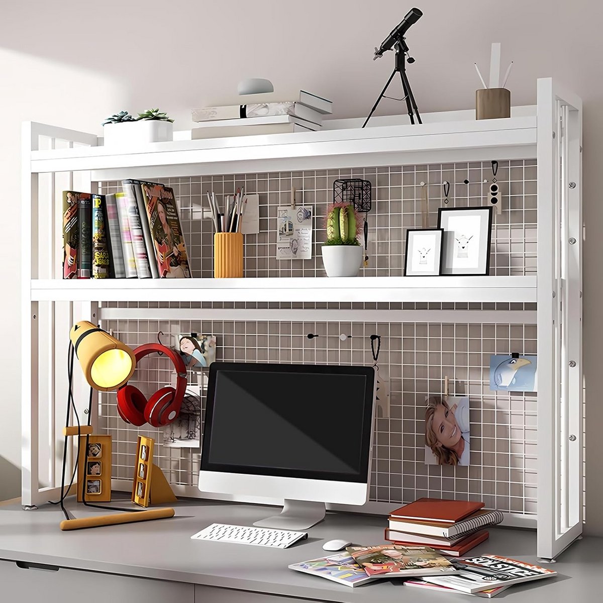 Bureauplank Organizer 3 Lagen Verstelbaar Hout Metaal Monitorstandaard