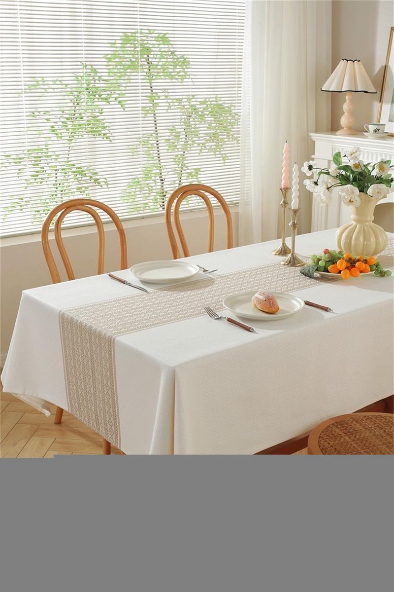 Rechthoekig Linnen Tafelkleed Beige Jacquard Katoen Streep en Ruit voor Eettafel