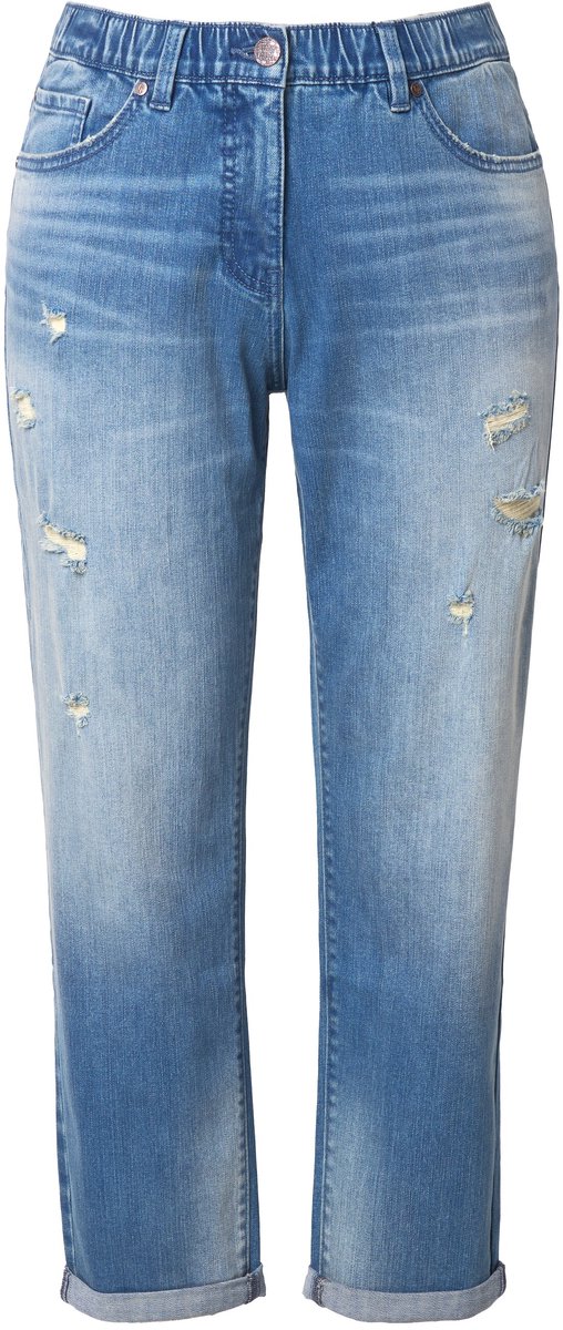 Ulla Popken - Dames - Boyfriend jeans destroyed-effecten comfortabele tailleband - Blauw denim - Maat 46