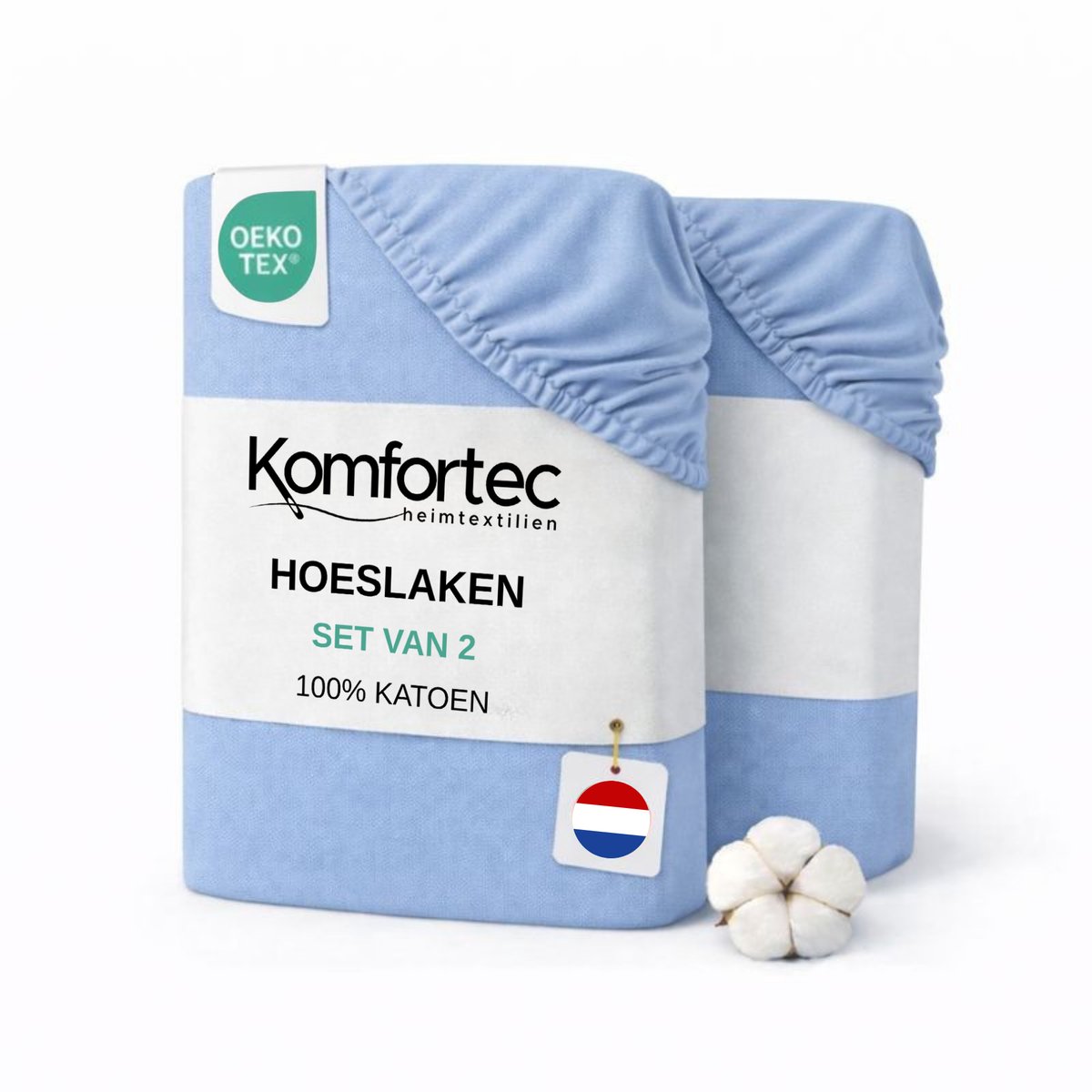 Komfortec Jersey Stretch 2-delige Hoeslaken Set 90x200 cm, Dubbelpak, 23 cm Matrasdikte, Rondom Elastiek, 100% Katoen, Lichtblauw