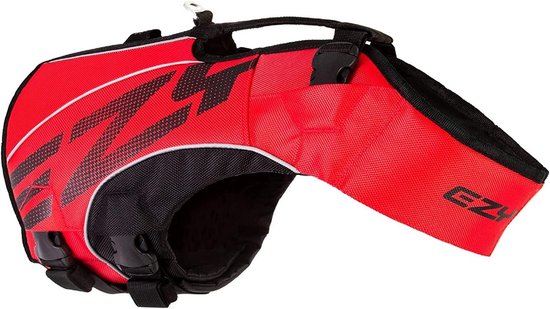 Rood hondenzwemvest met zwarte accenten, reflecterende biezen en gespen.