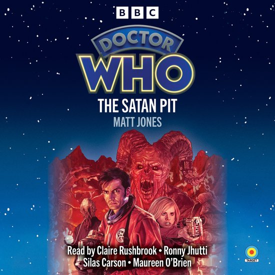 Doctor Who: The Satan Pit. Een duivel met horens en bloeddorstige muil staat achter de Tiende Doctor en een vrouw met blond haar. De titel en BBC logo staan bovenin.