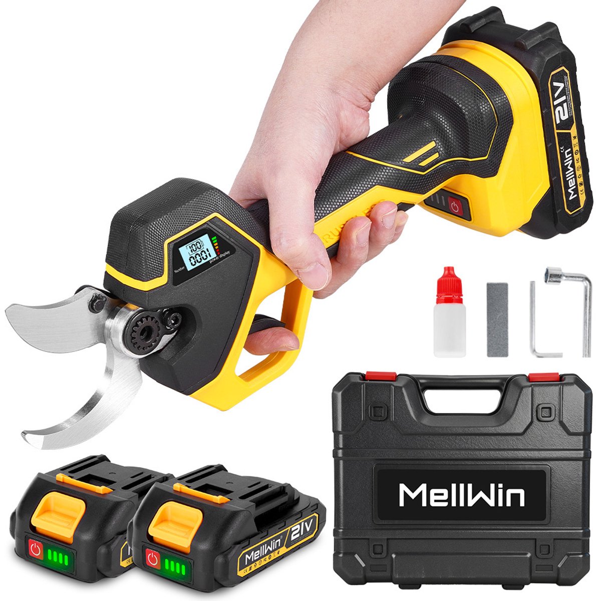 MellWin Elektrische Snoeischaar - 45mm Snijdiameter - met 2x batterijen & SK5 Bladen - Accusnoeischaar - Elektrische Tuinschaar - voor Tuin, Boomgaard & Boerderij