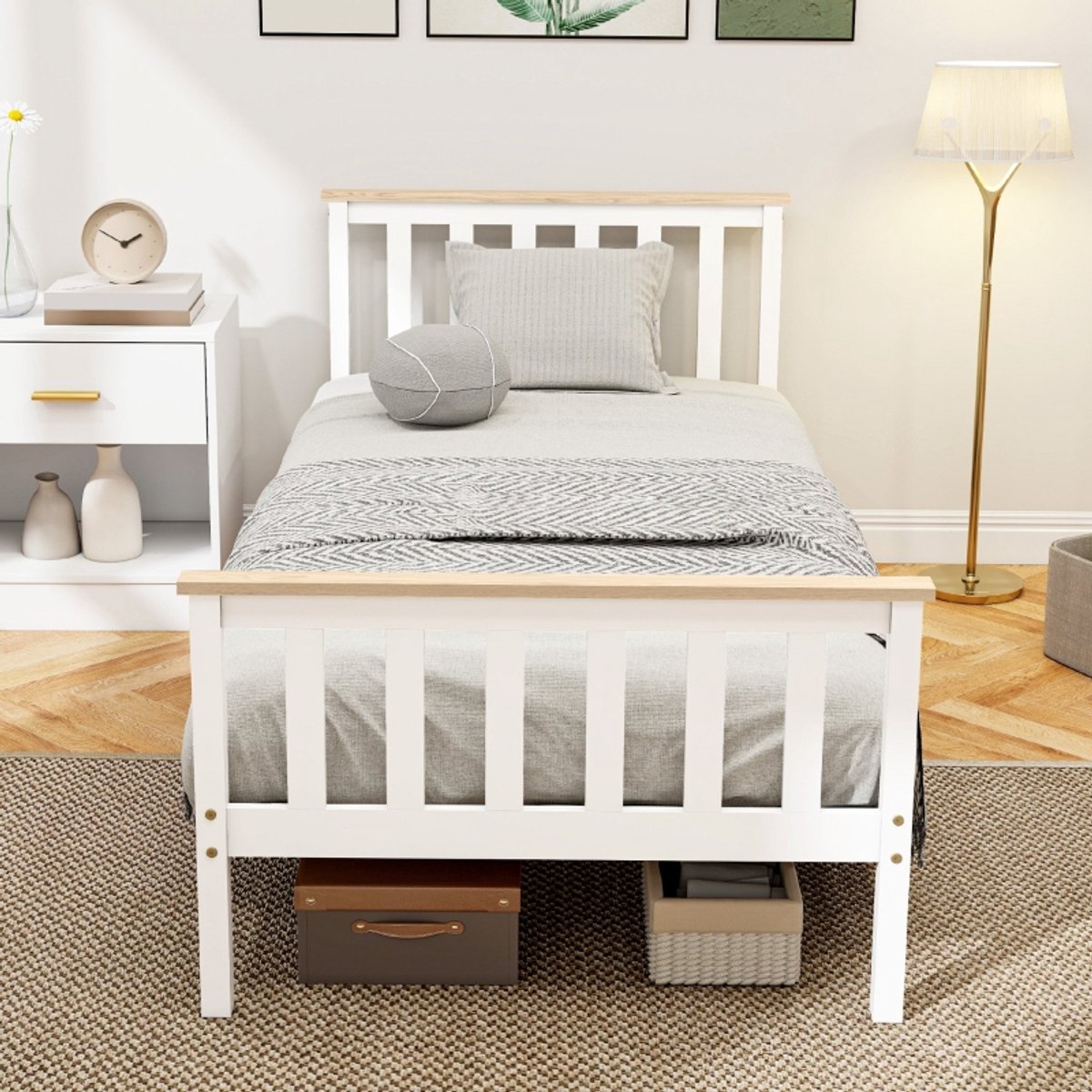 REDOM Bedframe 90x200 cm van massief grenenhout – Met lattenbodem en opbergruimte – Wit