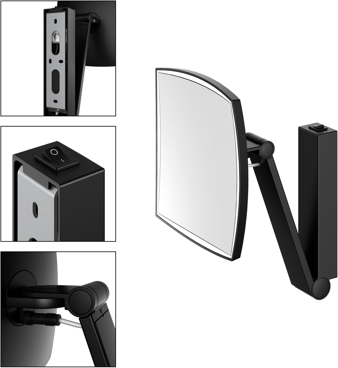 KEUCO Wand-Make-Up-Spiegel met zwenkarm, LED-verlichting, 5-voudige vergroting, tuimelschakelaar, 20 x 20 cm, hoekig, zwart mat, tuimelschakelaar, Cosmetische spiegel iLook_Move