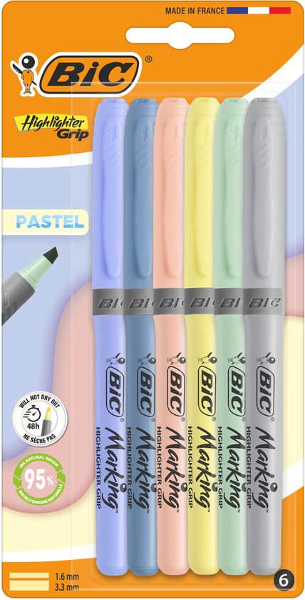BIC Highlighter Grip Pastel: 6 stuks in pastelblauw, lichtgrijs, pastelgeel, pasteloranje, en pastelblauw.