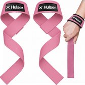 Twee roze lifting straps met "Hulser" logo, in lusvorm en om een pols.