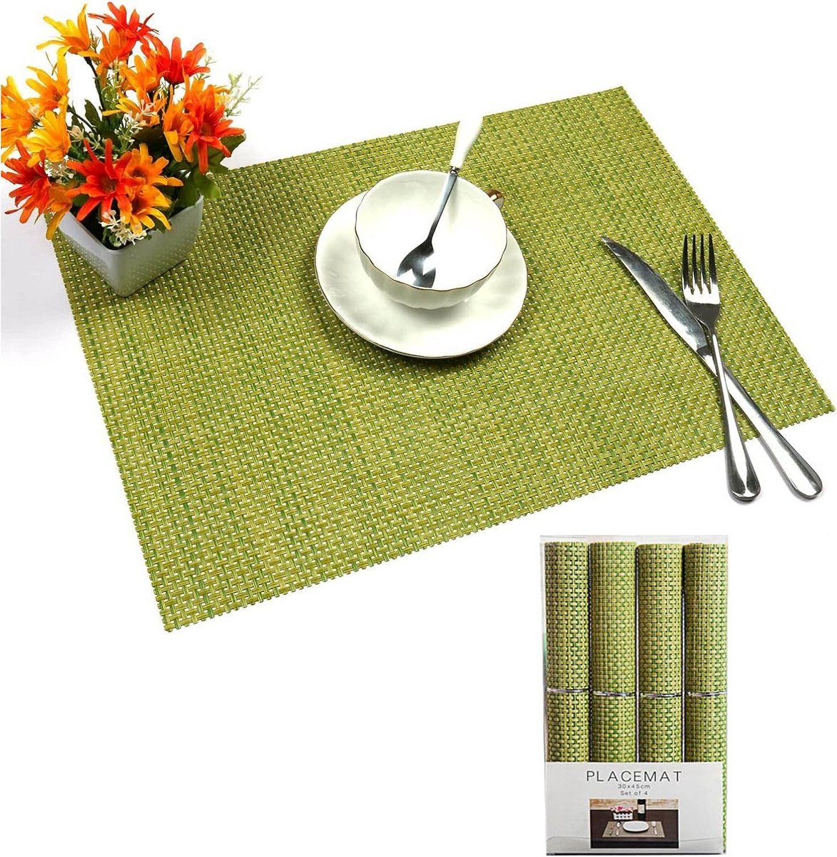 Set van 4 Geweven Placemats PVC Antislip Hittebestendig Groen 30x45 cm