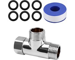 T-Stuk 1/2 Inch RVS voor Waterkraan – 3-Weg Y-Adapter 20mm met 6 Afdichtringen en PTFE Tape