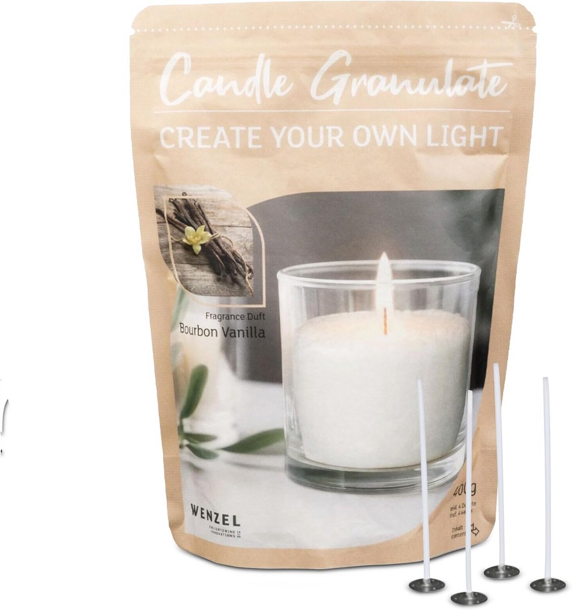 Kaarsengranulaat 400g Bourbon Vanille met Lonten - DIY Kaarsen Maken in Glas
