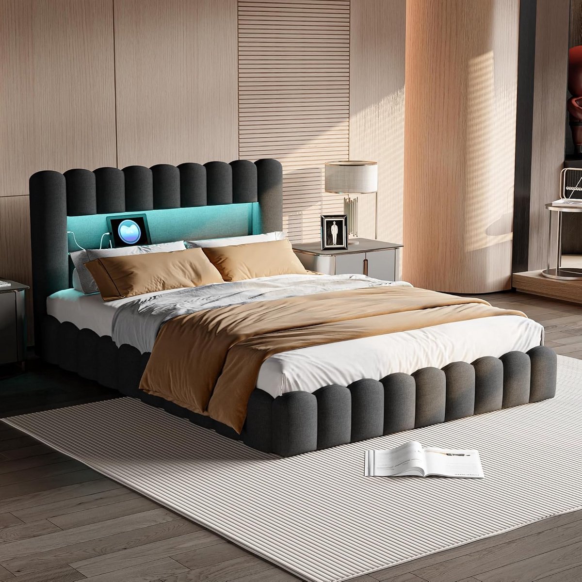 Tweepersoonsbed 180x200 met Opbergruimte, Gestoffeerd Hoofdeinde en Ingebouwde USB-lader