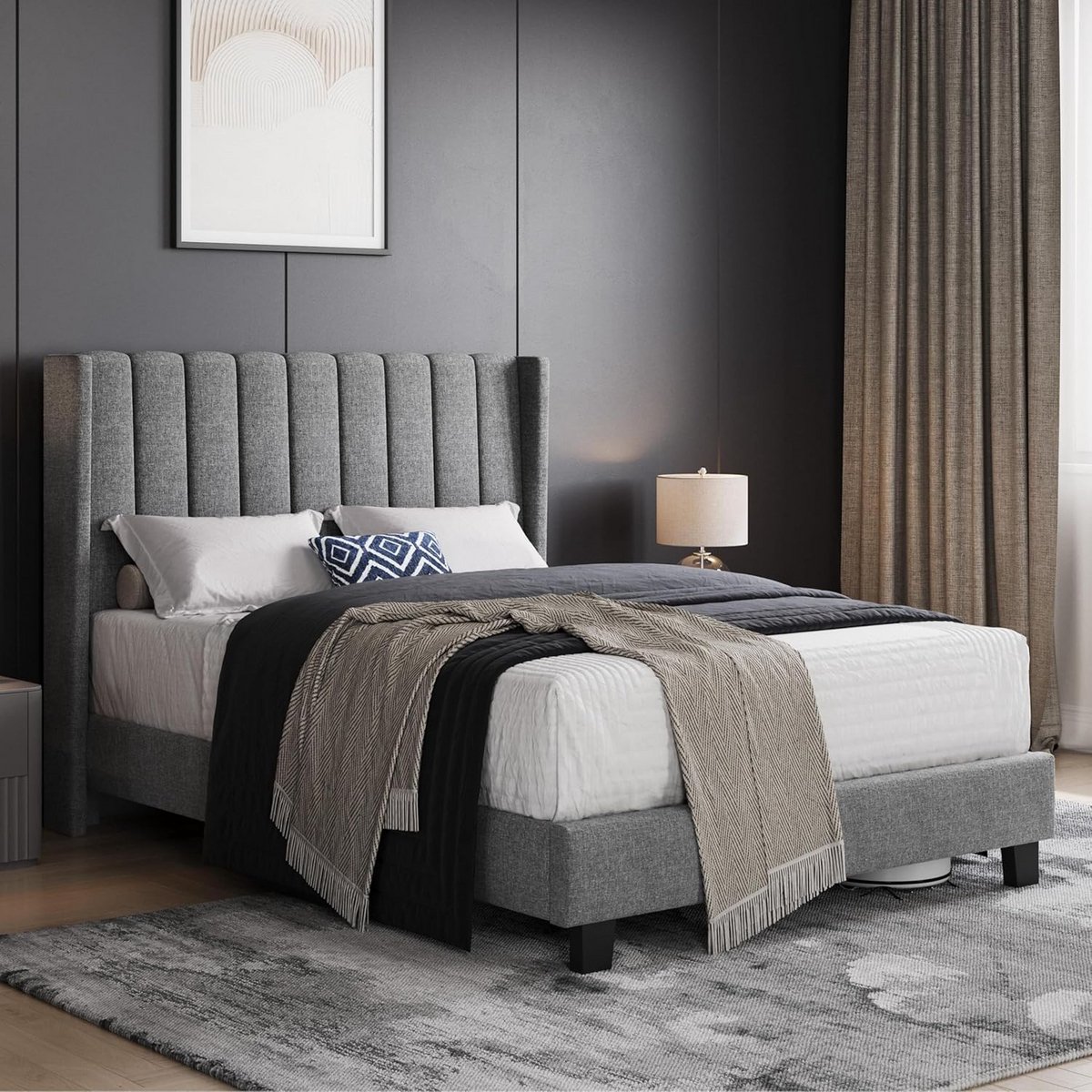 Gevoerd Tweepersoons Beddenframe Hout 140x200 cm met Gestreept Hoofdbord