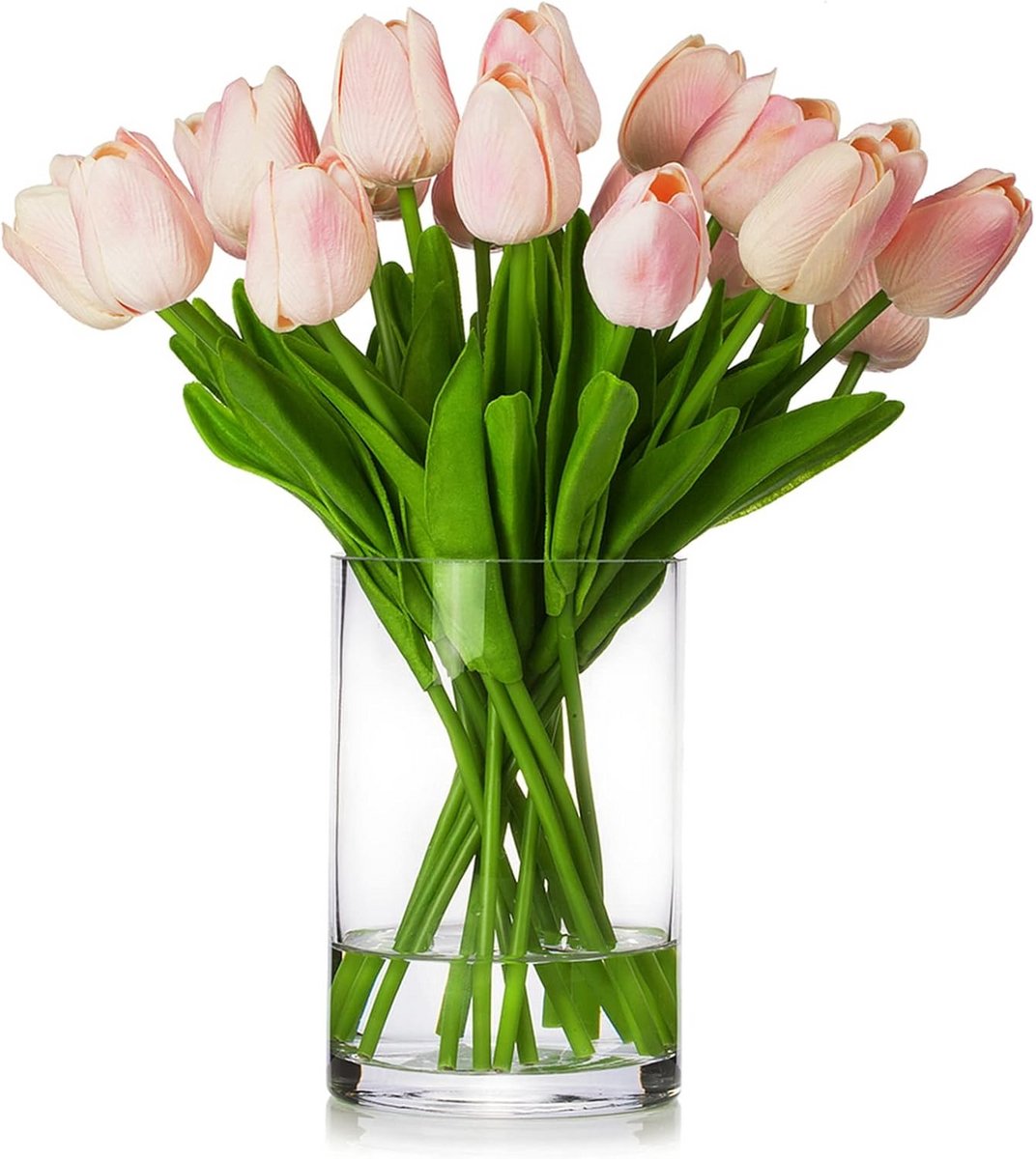 20x Roze Kunsttulpen in Glasvaas met Nep Water - Real Touch Decoratie voor Thuis en Bruilo