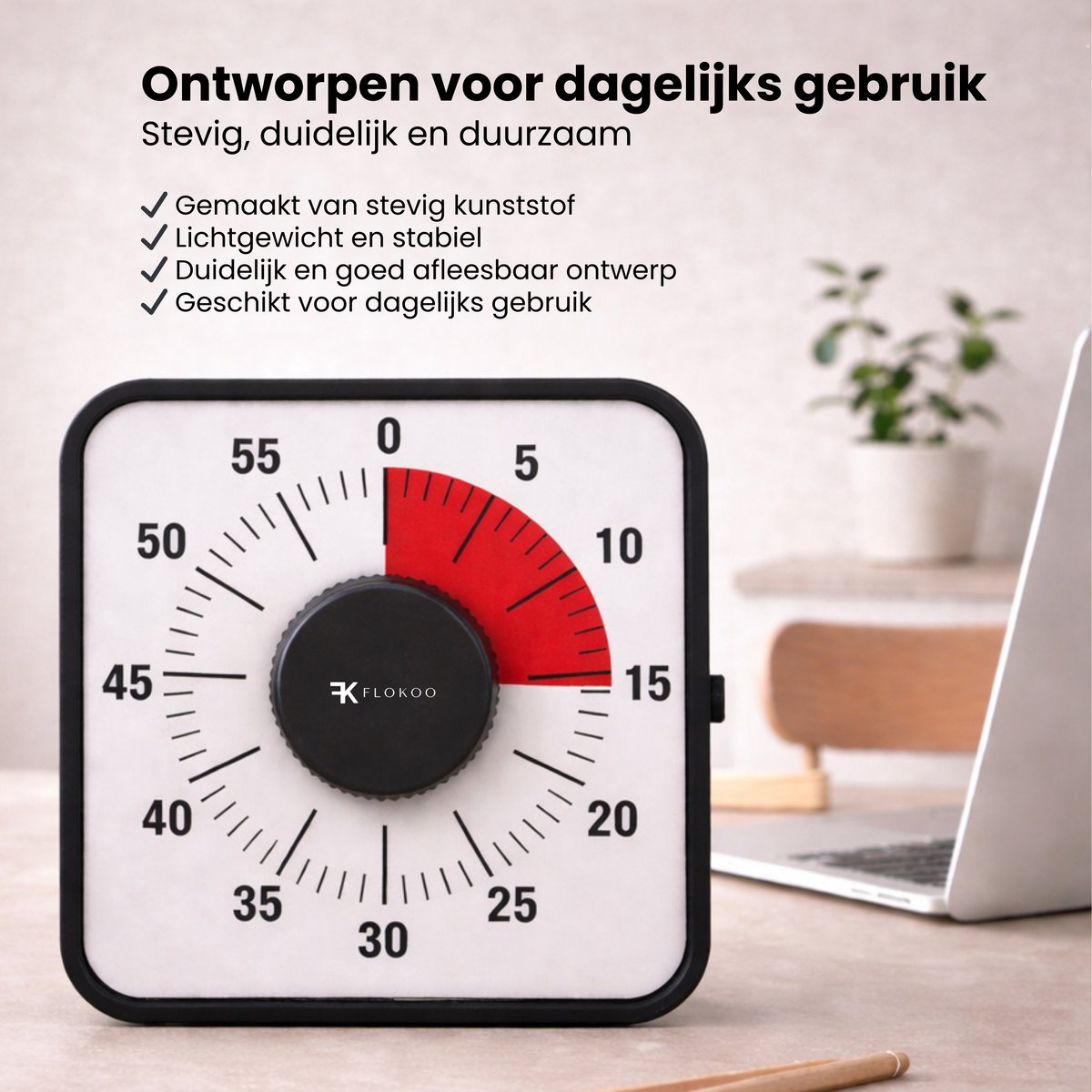 Leerklok Zwart - 19cm x19 cm - Aftelklok - Kookwekker Analoog - Leer Klok kijken — afbeelding 2