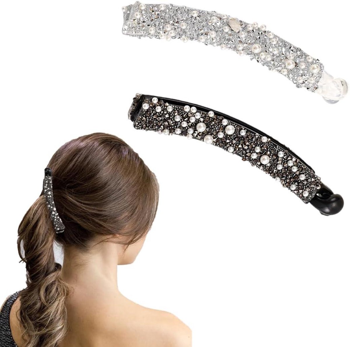 Haarclips met strassparels voor paardenstaart - vintage design - set van 2 - zwart en wit