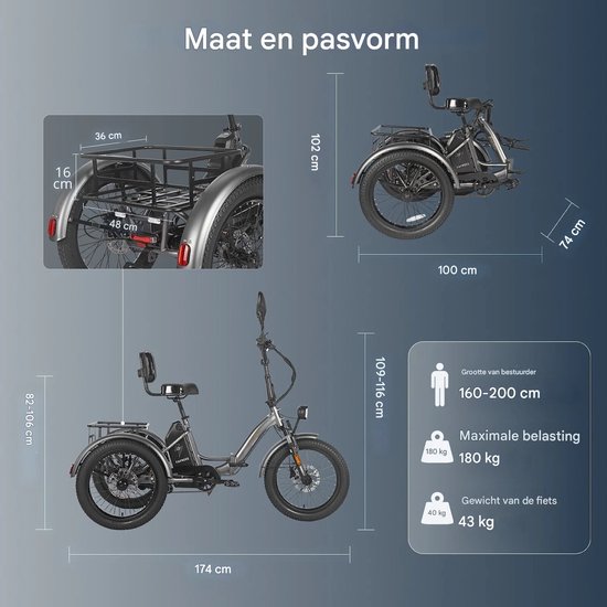 Dik Klapfiets E-Bakfiets 20 Inch 48V 23.45Ah Accu, Hydraulische Schijfremmen Elektrische Fiets, Elektrische Vrachtsfiets 180kg, Grijs Driewieler E-Bike van Merkloos — afbeelding 3
