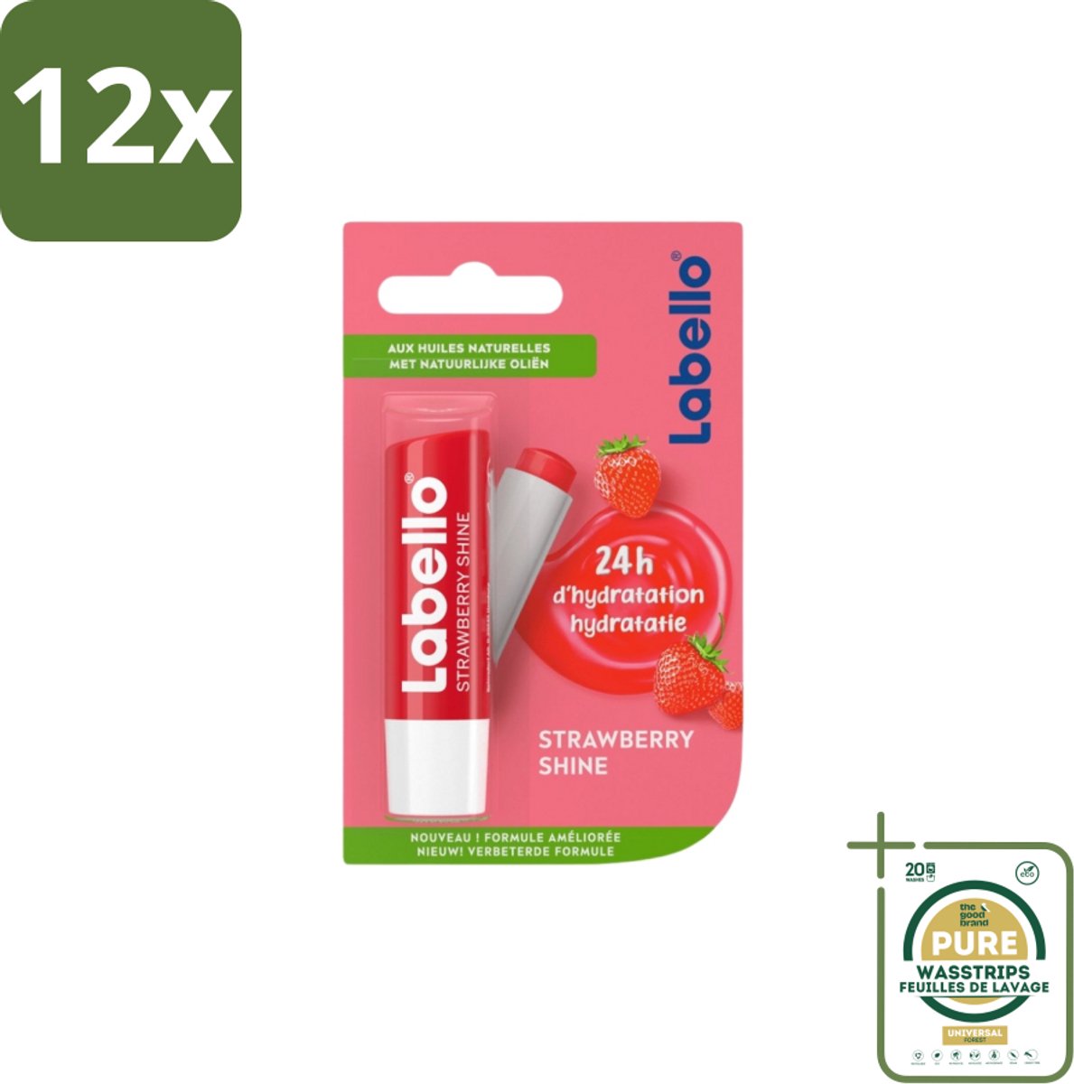 Labello – Lippenbalsem – Strawberry Shine - Voordeelverpakking - 12 stuks - Glans - Hydratatie