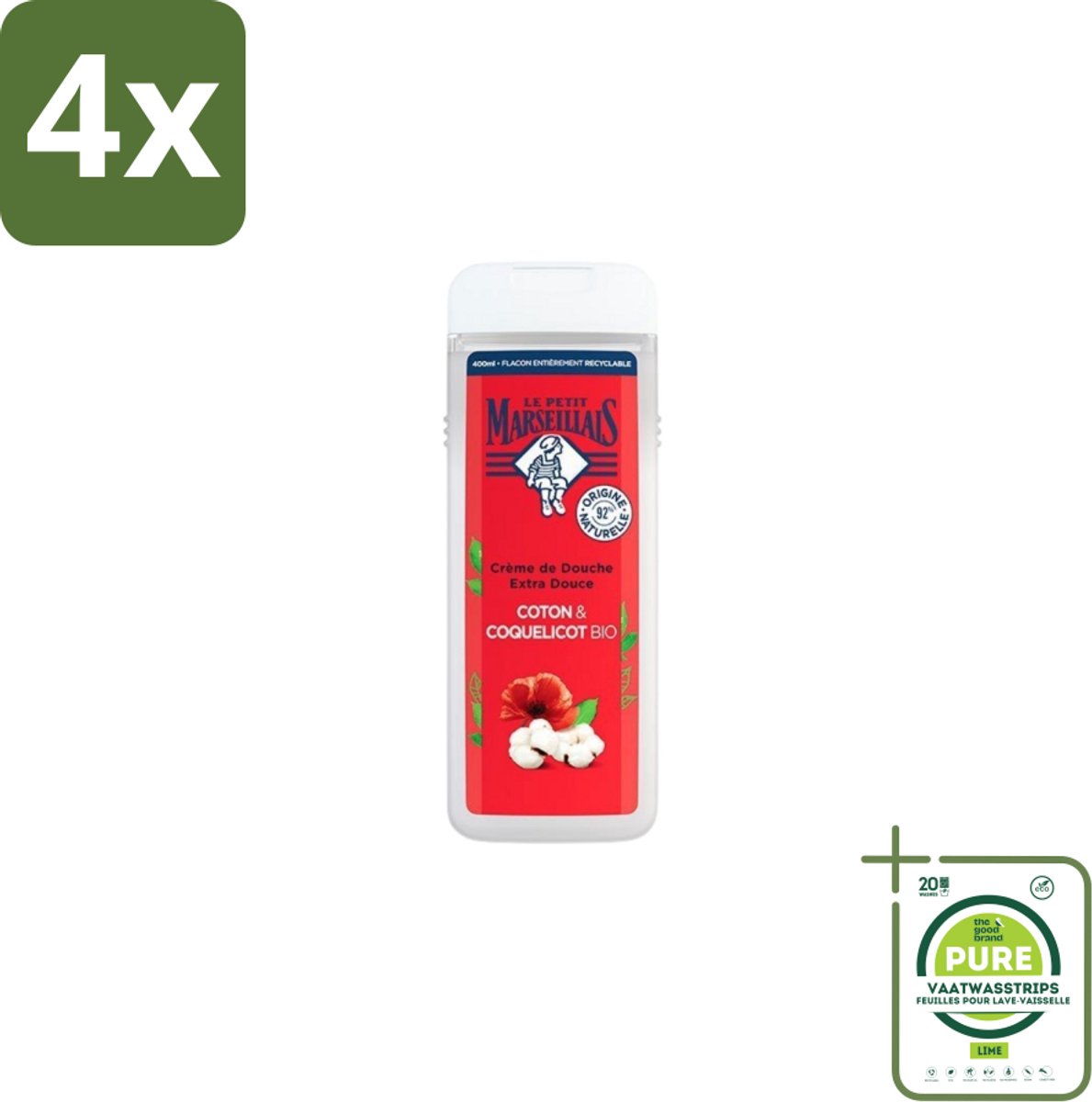 Le Petit Marseillais – Douchegel – Bio Katoenmelk & Papaver – 400 ml - Voordeelverpakking - 4 stuks - Douchegel bio - Katoenmelk