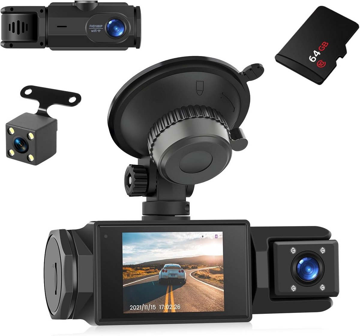 Dashcam 3-kanaals 1080p met Wifi, Nachtzicht en G-sensor voor Voor, Achter en Interieur