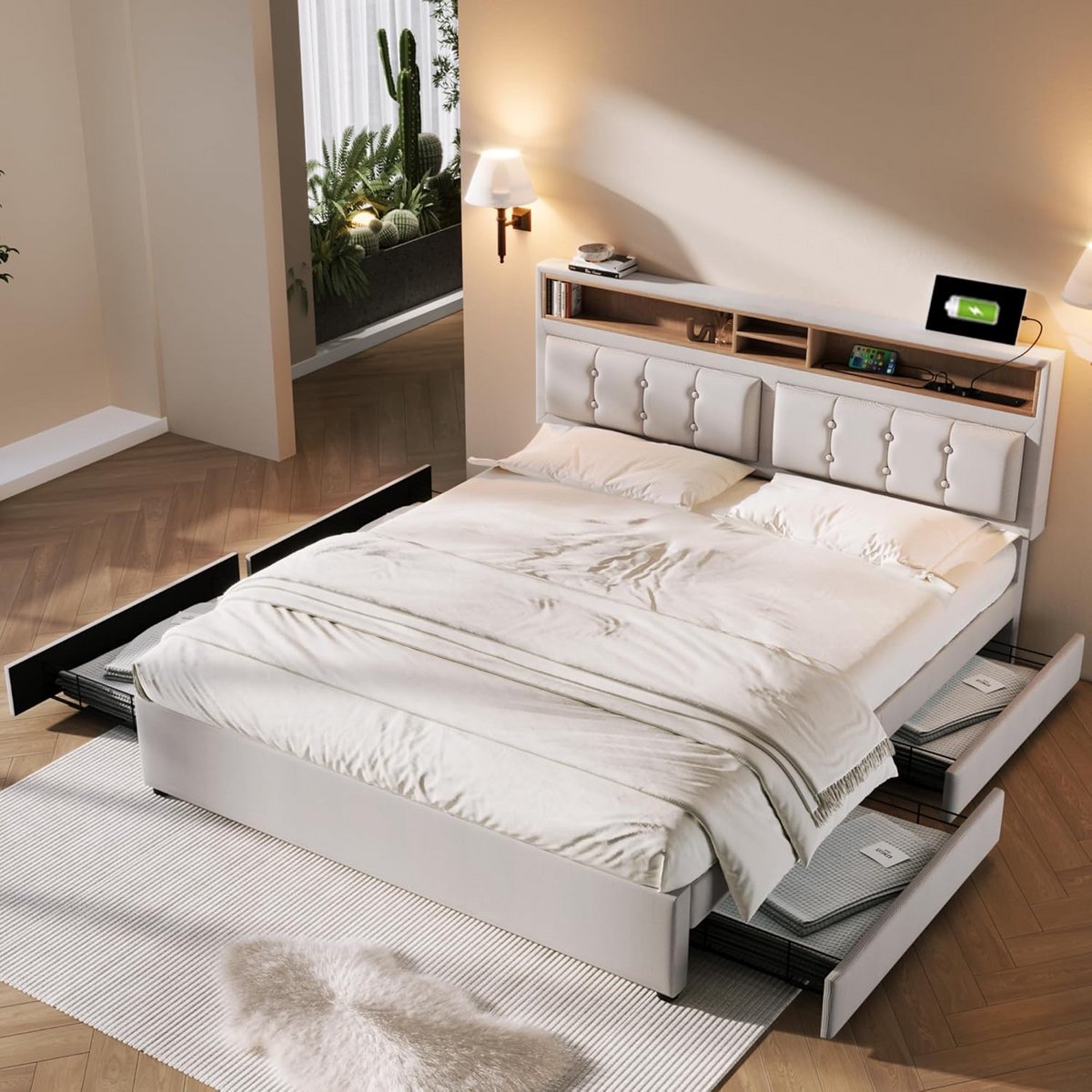 Tweepersoonsbed 140x200 met 4 Opberglades en USB-C Laadpunten - Verstelbaar Hoofdeinde