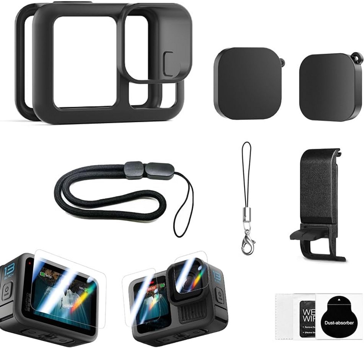 8-in-1 Accessoire Set voor Actiecamera - Beschermhoes, Lensdop en Displayfolie