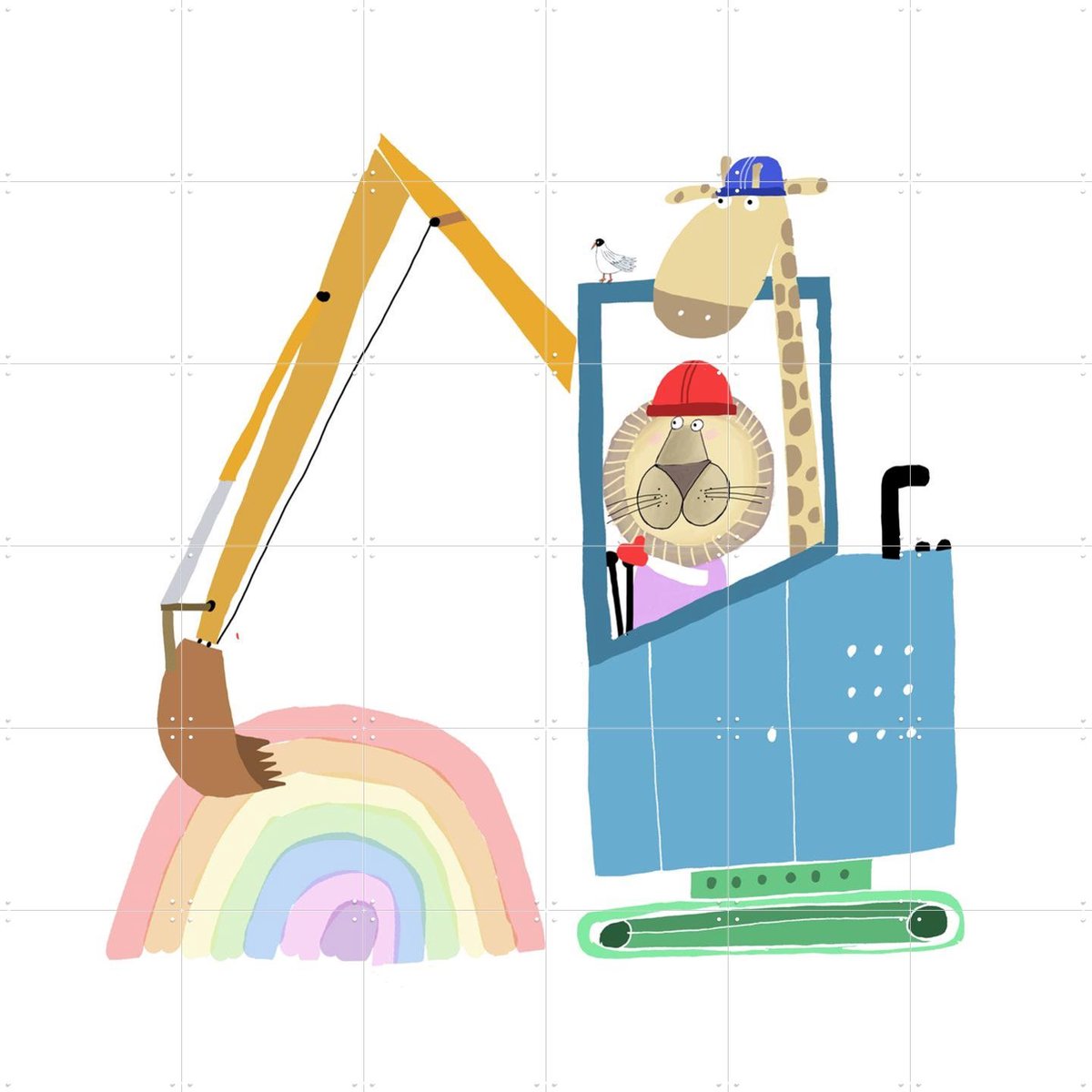 IXXI Lion and Giraffe Construction Wokers with Rainbow, Carla Daly - 120 x 120 cm - Gratis ophangtool - Grote wanddecoratie en posters - Speels