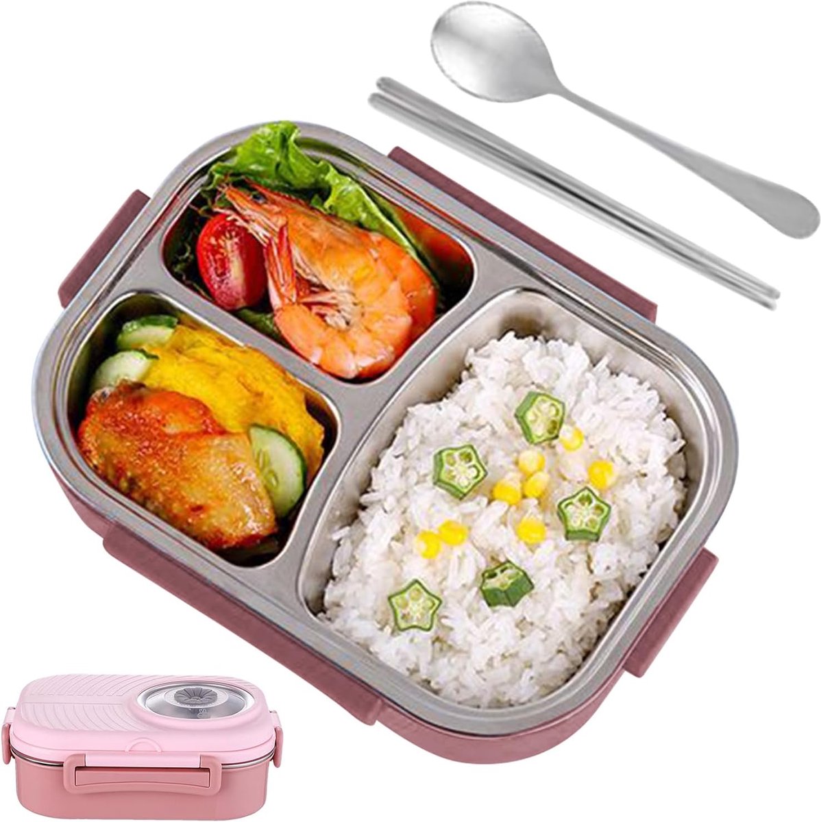 RVS Lunchbox - Voedselcontainer - Draagbaar Eten - Lekdicht 3 Compartimenten - 23x16.5x8cm