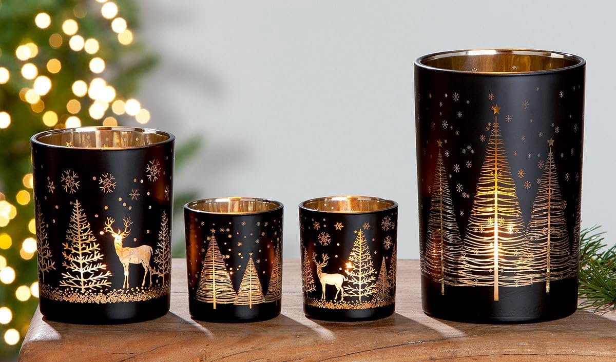 Windlicht Waldesruh - Sfeervol Glas - Buiten Decoratie - Goudkleurige Binnenzijde - 18cm Hoog - Zwart Goud